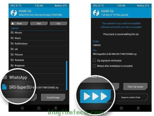 Select SuperSU ZIP in TWRP Recovery and flash