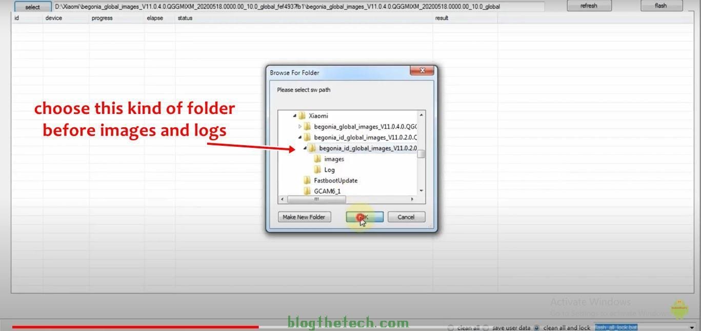 Choose firmware folder on XiaoMiFlash Tool before you see the images and logs folder