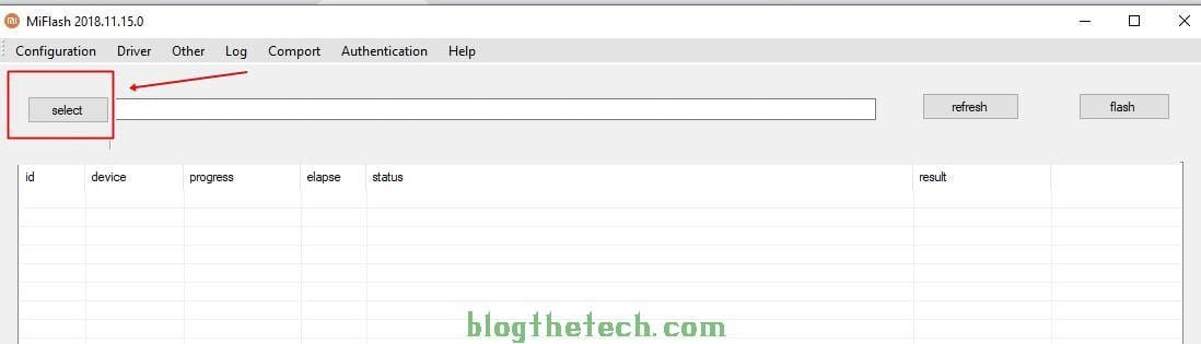 Click Select on XiaoMiFlash Tool