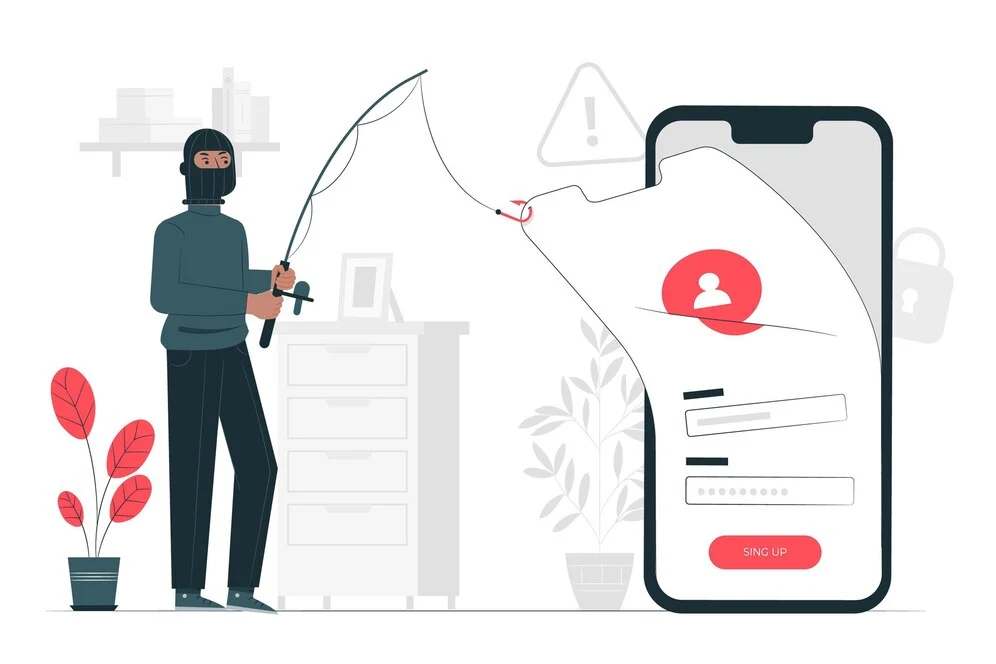 Illustration depicting the concept of phishing, featuring a character in a balaclava holding a fishing rod that hooks onto a smartphone screen displaying a sign-up form, symbolizing the deceptive tactics used by cybercriminals to steal sensitive information