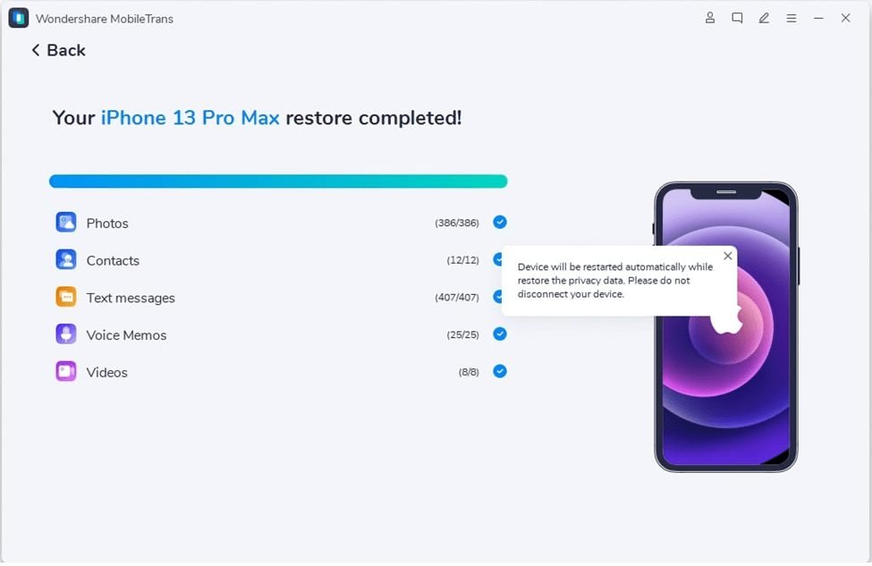 iPhone 13 Pro Max restore complete on Wondershare MobileTrans