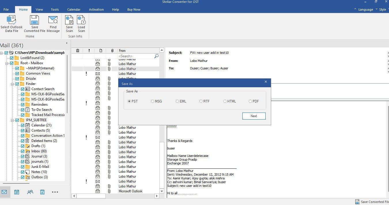 Save Converted File in PST RTF MSG EML HTML or PDF format