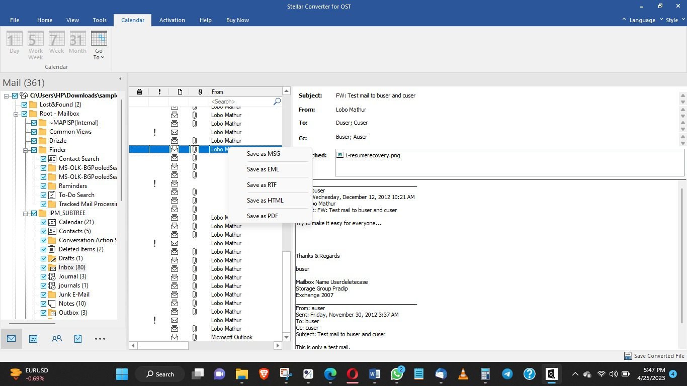 Save Item as MSG EML RTF HTML or PDF