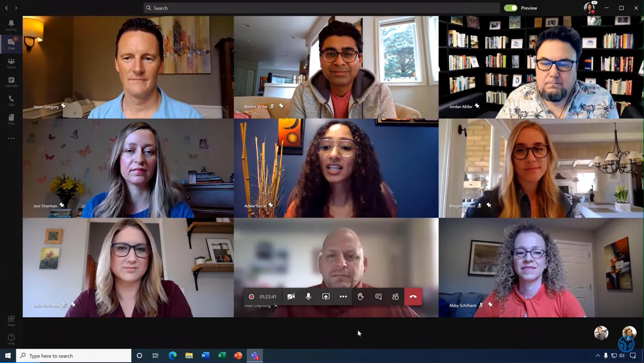 A screenshot of a virtual meeting with nine participants displayed in a grid layout. Each participant is shown in their own frame, with various home backgrounds. The interface includes buttons for camera, microphone, share content, and more, indicating an online video conferencing platform.